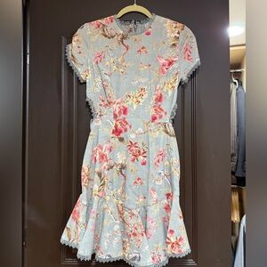Zimmermann Pale Blue Floral Midi Dress with Pink and Yellow Blooms
